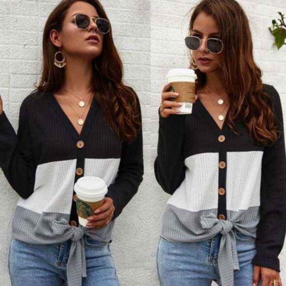 Cozy Button up Waffle Front Tie Top - Picture 2 of 9